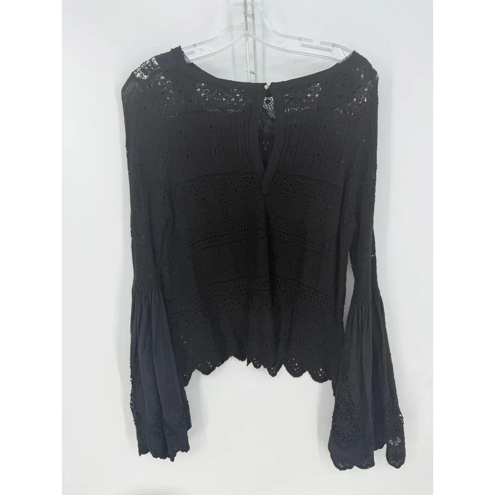 Free People Once Upon A Time Crochet Knit Bell Sleeve S Black Linen Blend Boho
